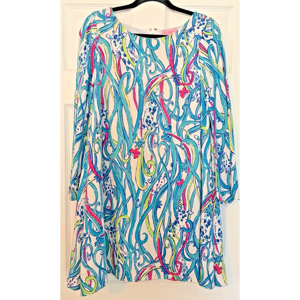 Lilly‎ Pulitzer Iona Resort White Blue Ribbon Print Shift Dress Size Small Flare